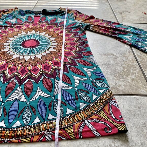 Nicole by Nicole Miller Red Green Bohemian Tropical Tunic 3/4 Sleeve Size Medium - Picture 4 of 6